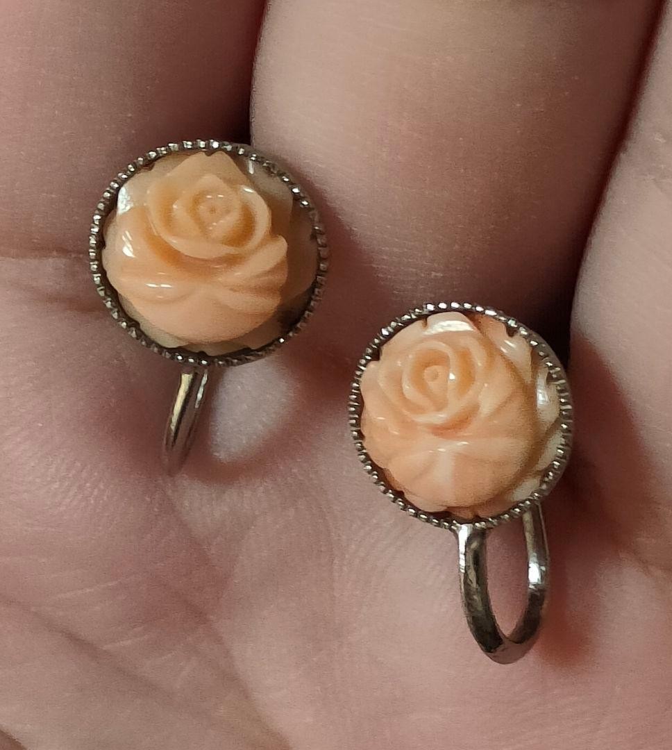 Vintage Coral Rose Vintage-Style Rose Cameo Earrings