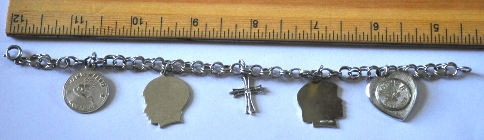 Vintage STERLING CHARM BRACELET cross, son, daughter, mom, aquarius .65 troy oz