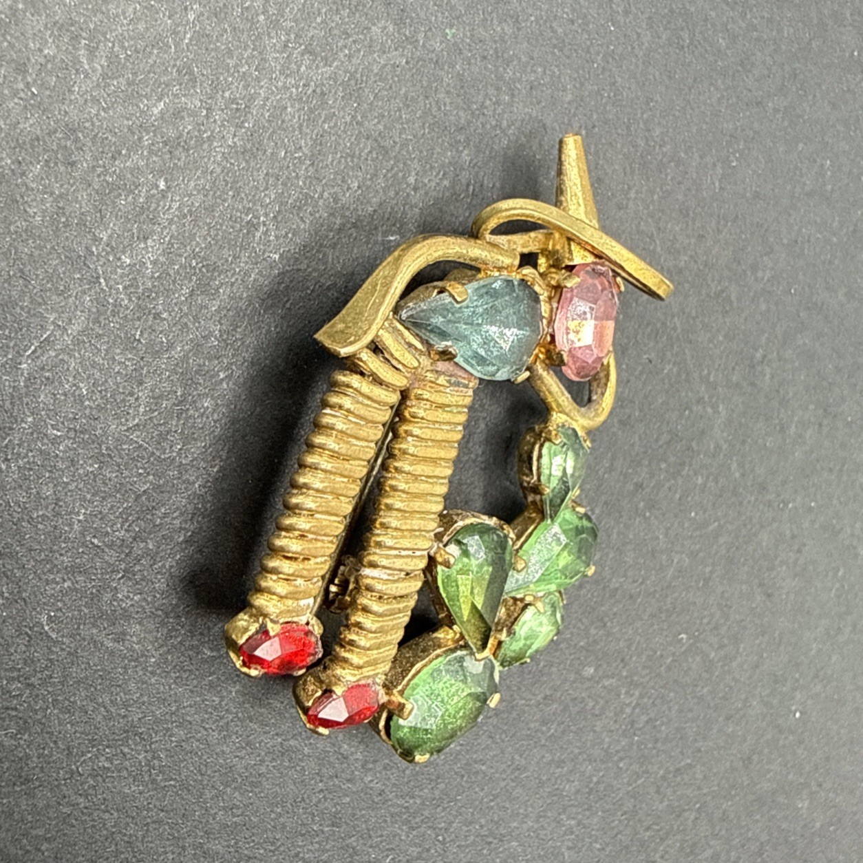 Made In Czechoslovakia Vintage Person Plant Rhinestone Gold Tone Brooch Pin B44a