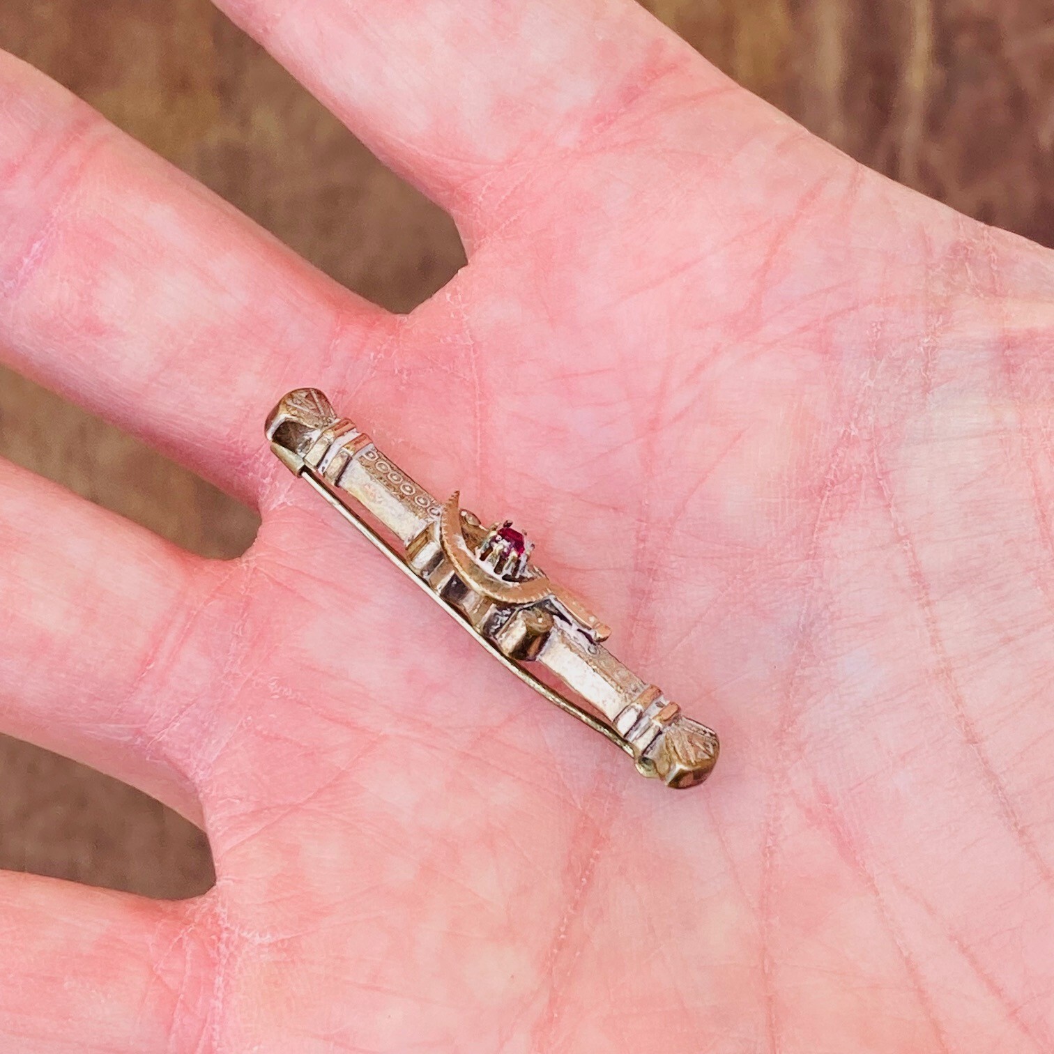 Antique Miniature Bar Brooch Pin with Ruby Red Gemstone Fashion Doll Gift #1183