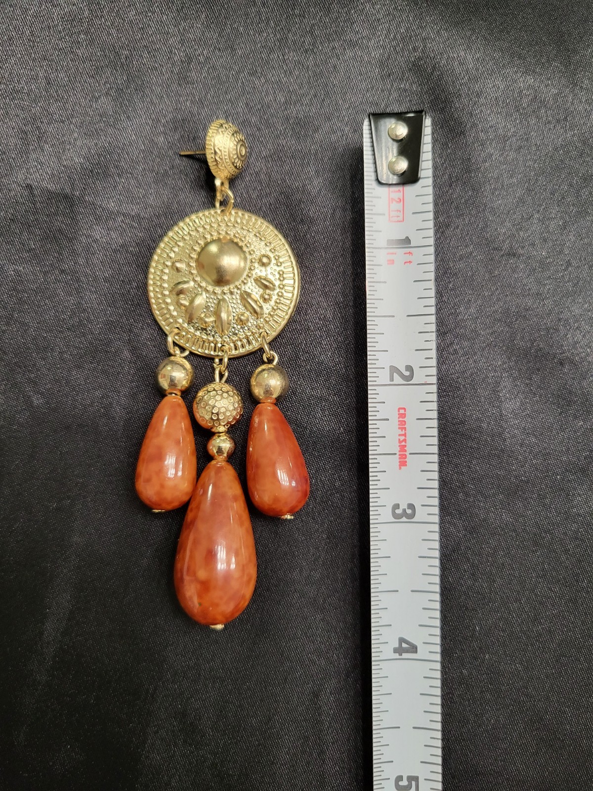 Vintage Gold Tone Coin Chandelier Earrings Orange Faux Amber Resin Drop Boho