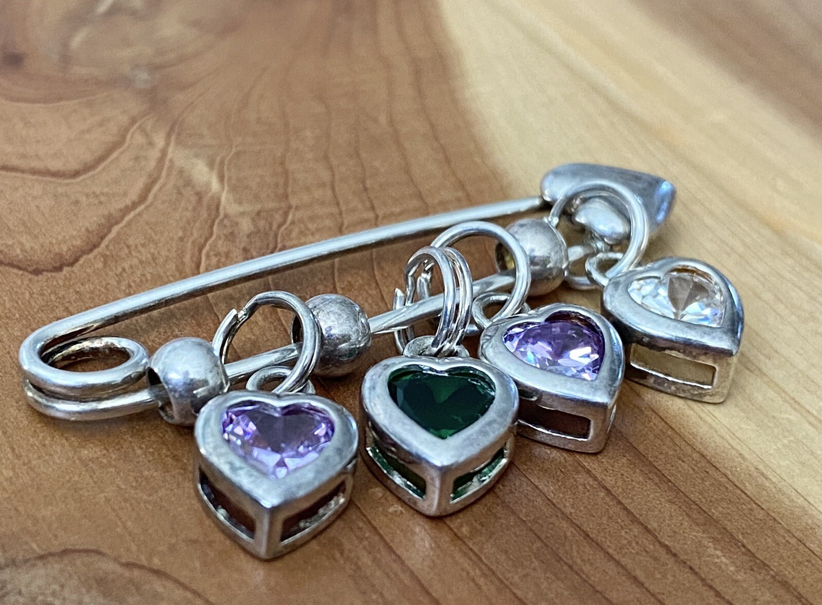 Vintage 925 Sterling Silver Purple, Green & White CZ Heart Shaped Pin / Brooch