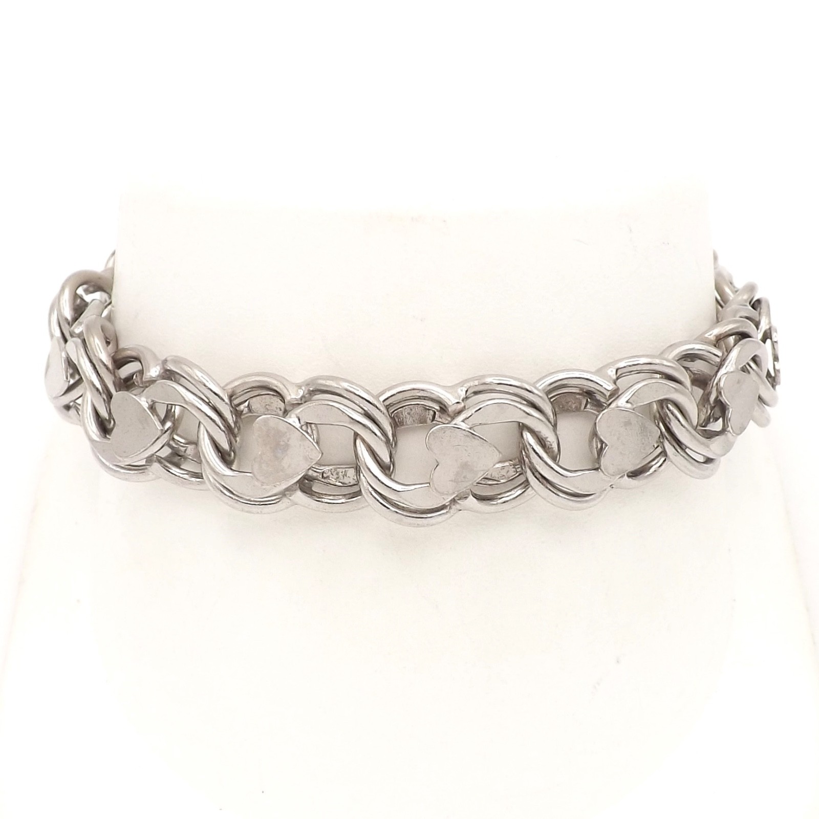 Sterling Silver Double Wire Hearts Charm Bracelet Heavy 7.25in 30gr Vintage