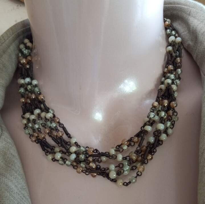 Multi Strand Glass Beads & Wrapped Wire Statement Choker Necklace
