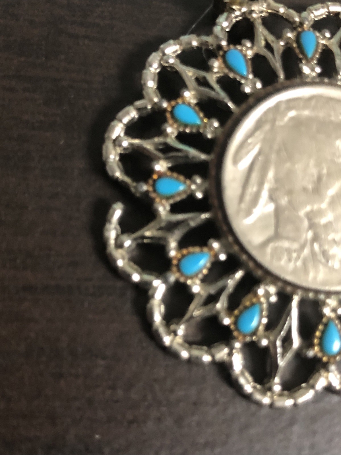 Vintage 1970s Buffalo Nickel Coin Pendent Faux Turquoise Silver Tone Necklace