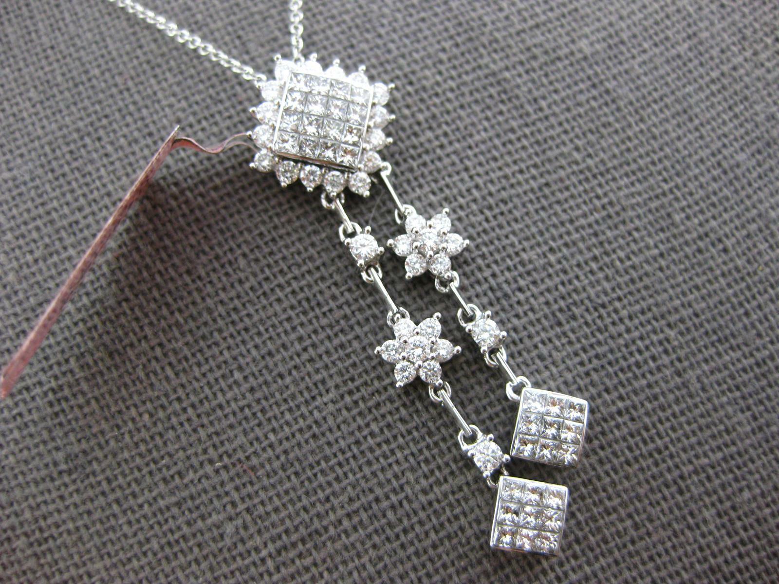 1.53CT DIAMOND 18K WHITE GOLD ROUND & PRINCESS FLOWER BY THE YARD LARIAT PENDANT