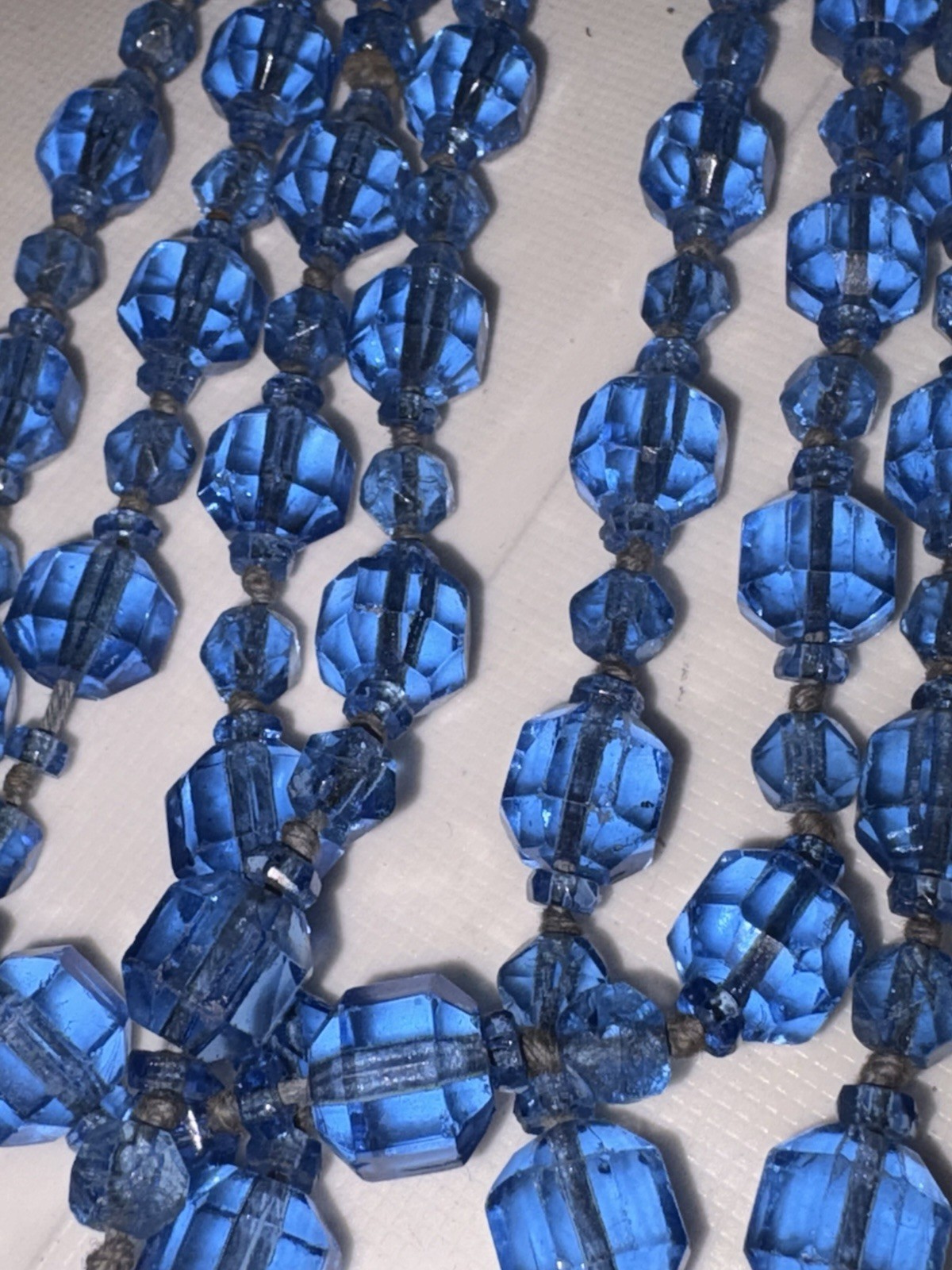 Antique 1920s Flapper Czech Glass Long Necklace Ceylon Sapphire Blue Beads 64”