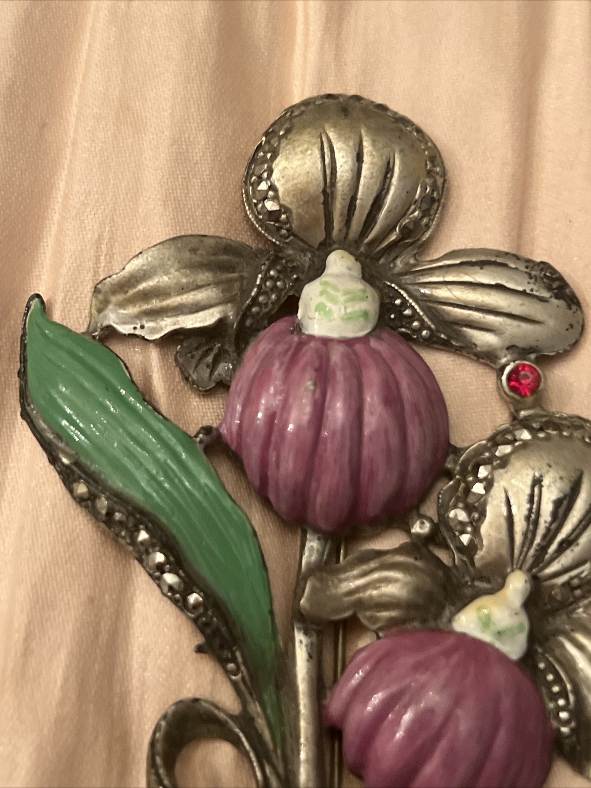 antique pin Flower Enamel Paint Rhinestone Marcasite Metal 4.25” brooch large