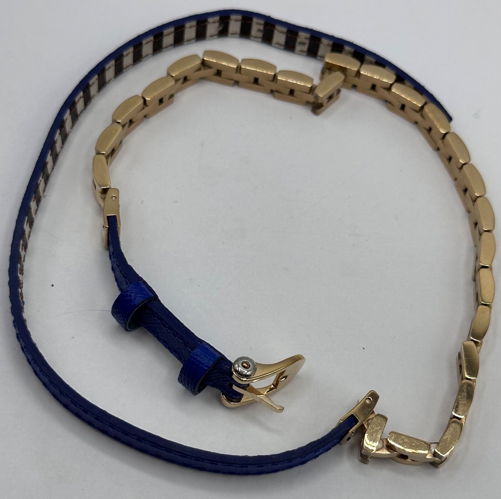 HENRI BENDEL SIGNED GOLD PLATED BUCKLE LEATHER NECKLACE BRACELET SAMPLE BELT 22″