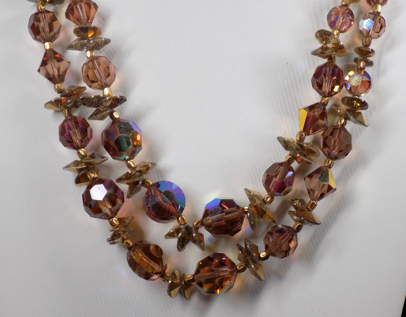 Vintage Crystal Necklace Golden Smoky AB Aurora Borealis Beads 2 Rows 16″ +1.5″