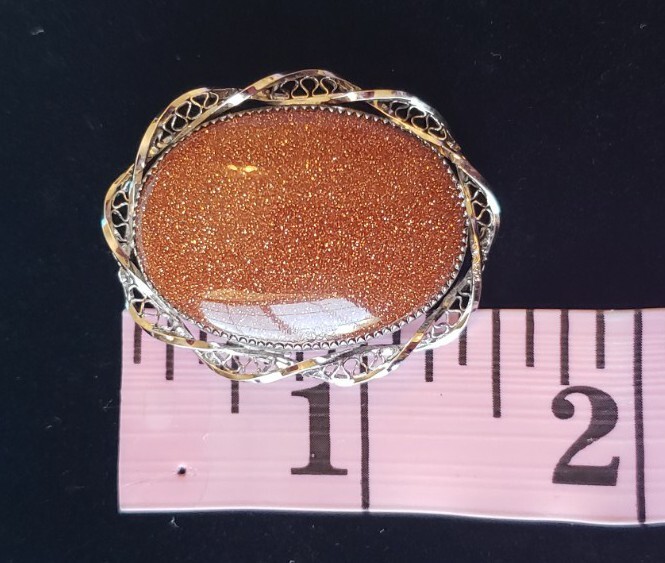 VTG Sorrento Goldstone Brooch & Pendent Silvertone Filagree Swril Ornate Pin