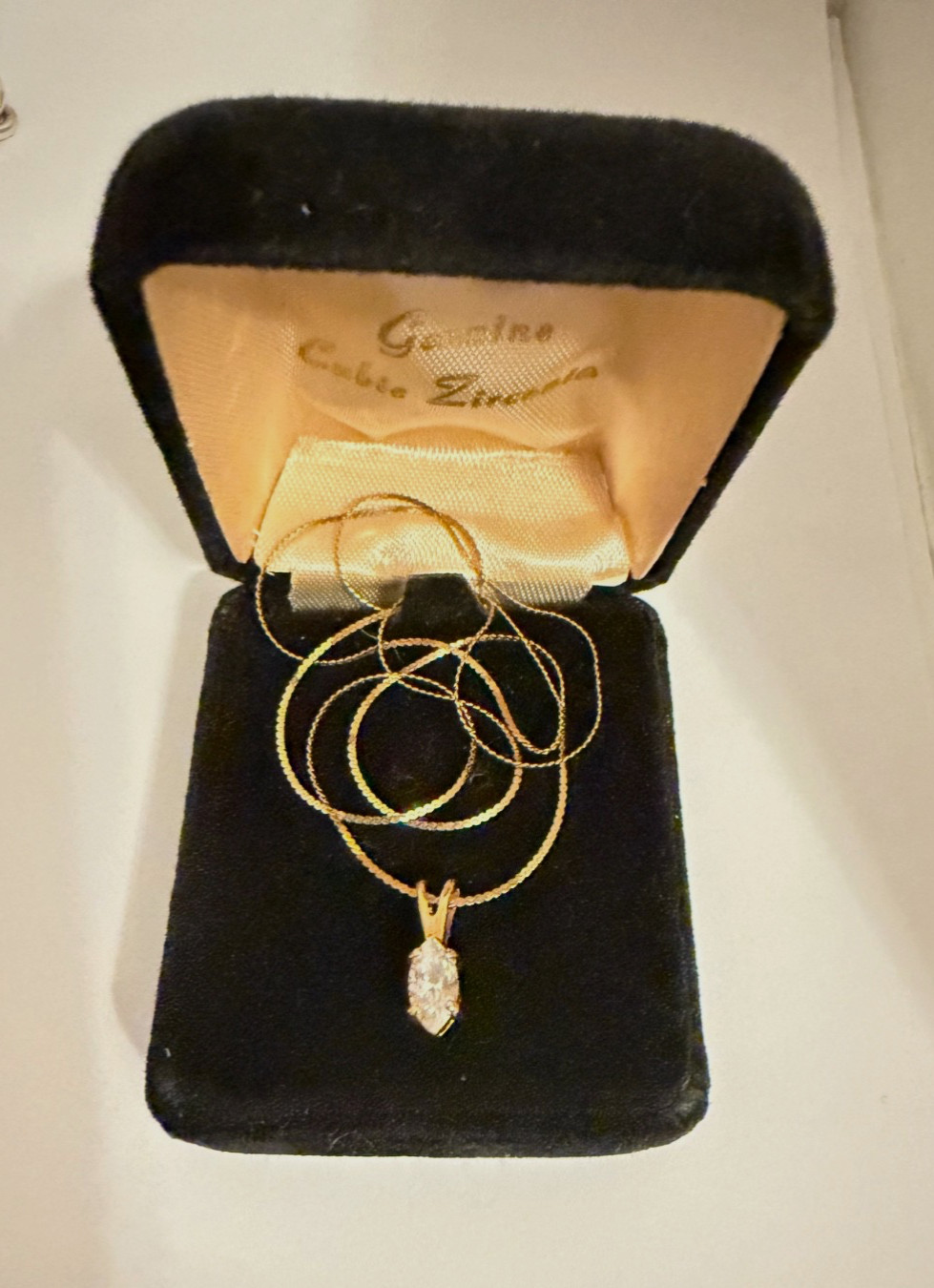 Vintage 14KT Gold Chain Genuine CZ Marquise Pendant Necklace Box Orig CZ Papers!