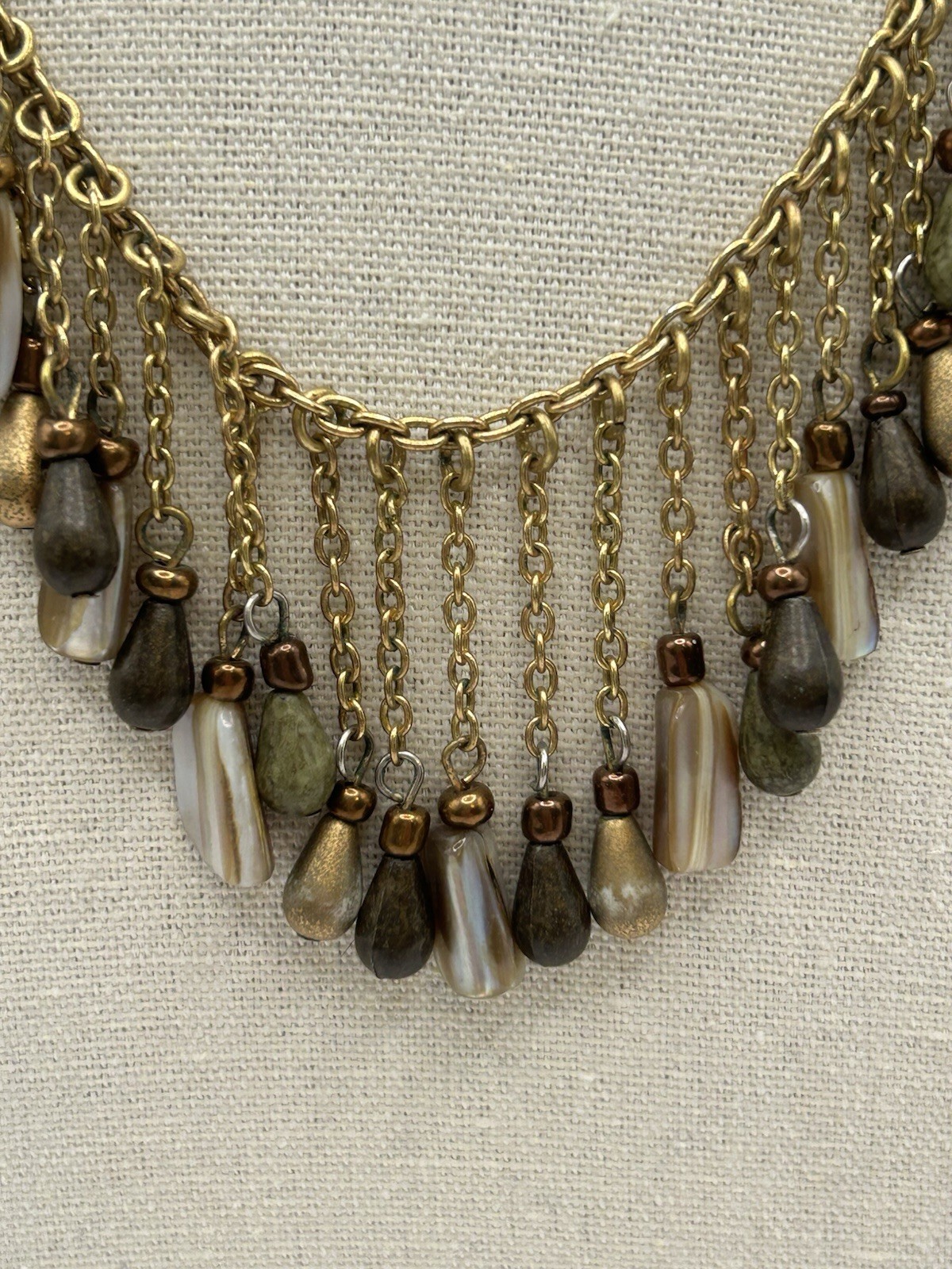 Vintage Boho Fringe Necklace Gold Tone Multi Stone Dangle Bib Statement Earthy