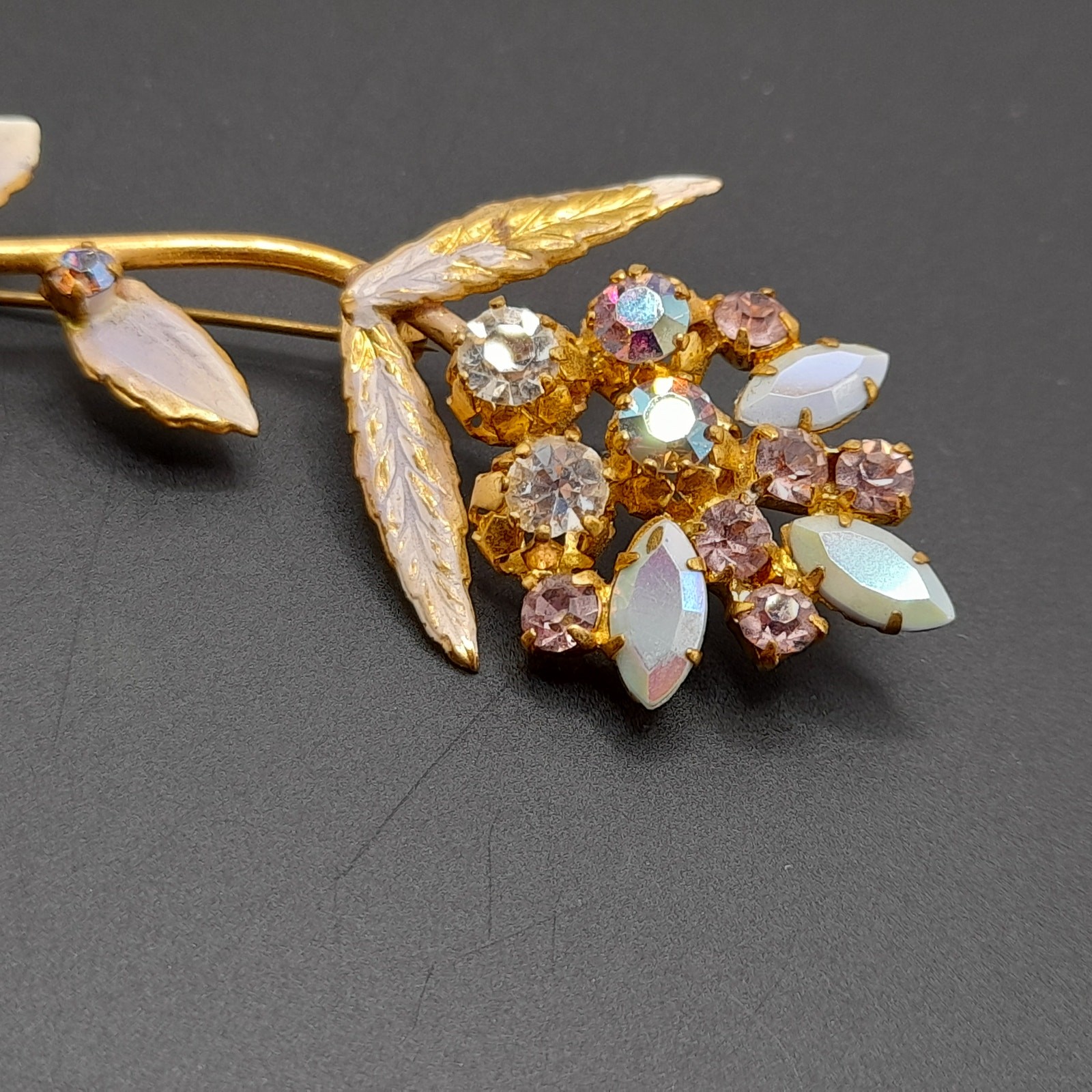 Vintage Gold Tone Floral Brooch AB Rhinestones White Enamel Leaves
