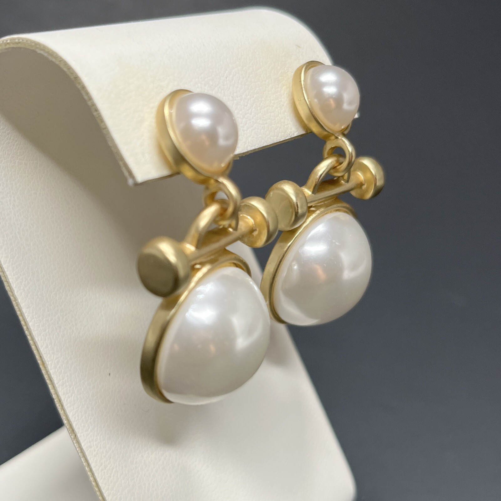 Byzantine Faux Pearl Cabochon Earrings Green Gold Tone Pierced Etruscan Revival