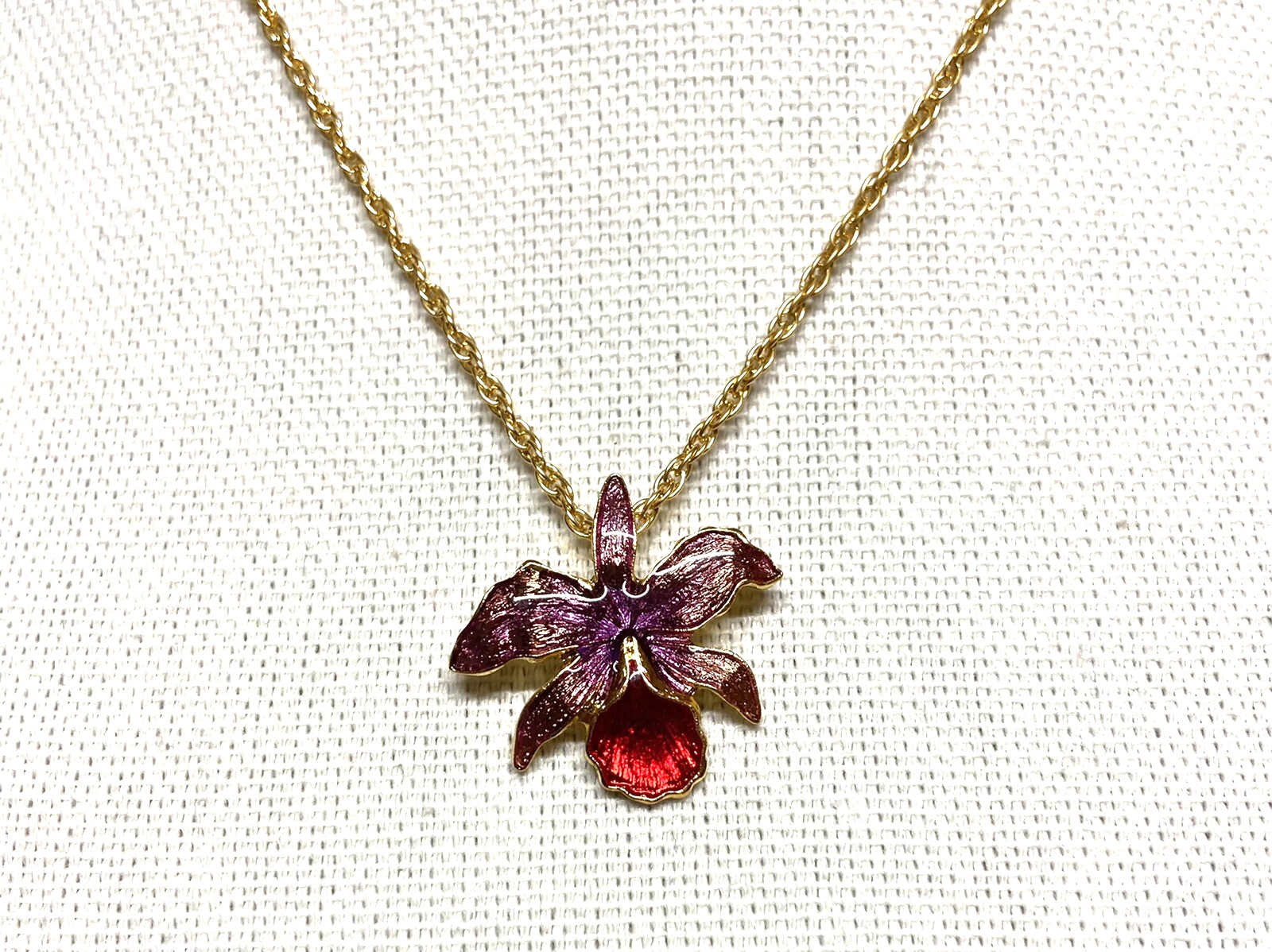 Pretty Enamel Pendant. Orchid Flower PURPLE and PINK Enamel Necklace