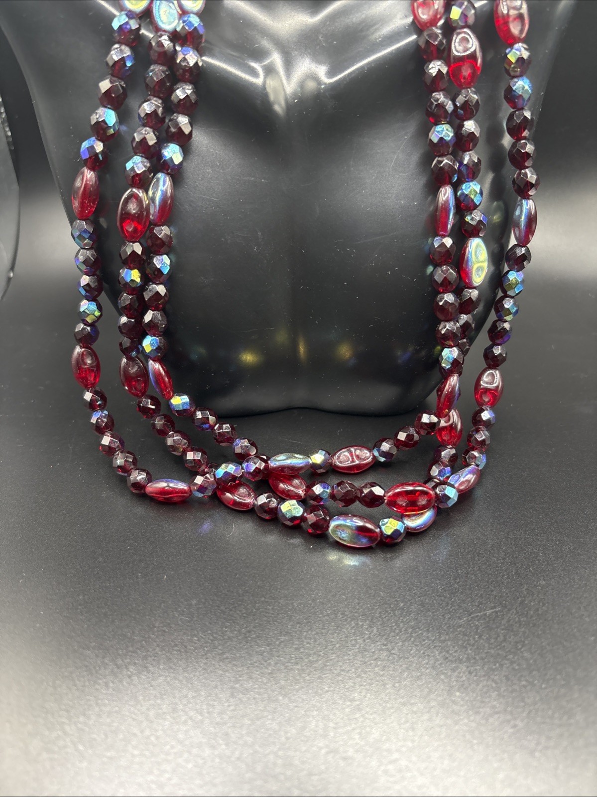 Vintage Red Glass Beaded Necklace multi strand Iridescent Statement Molded 20”