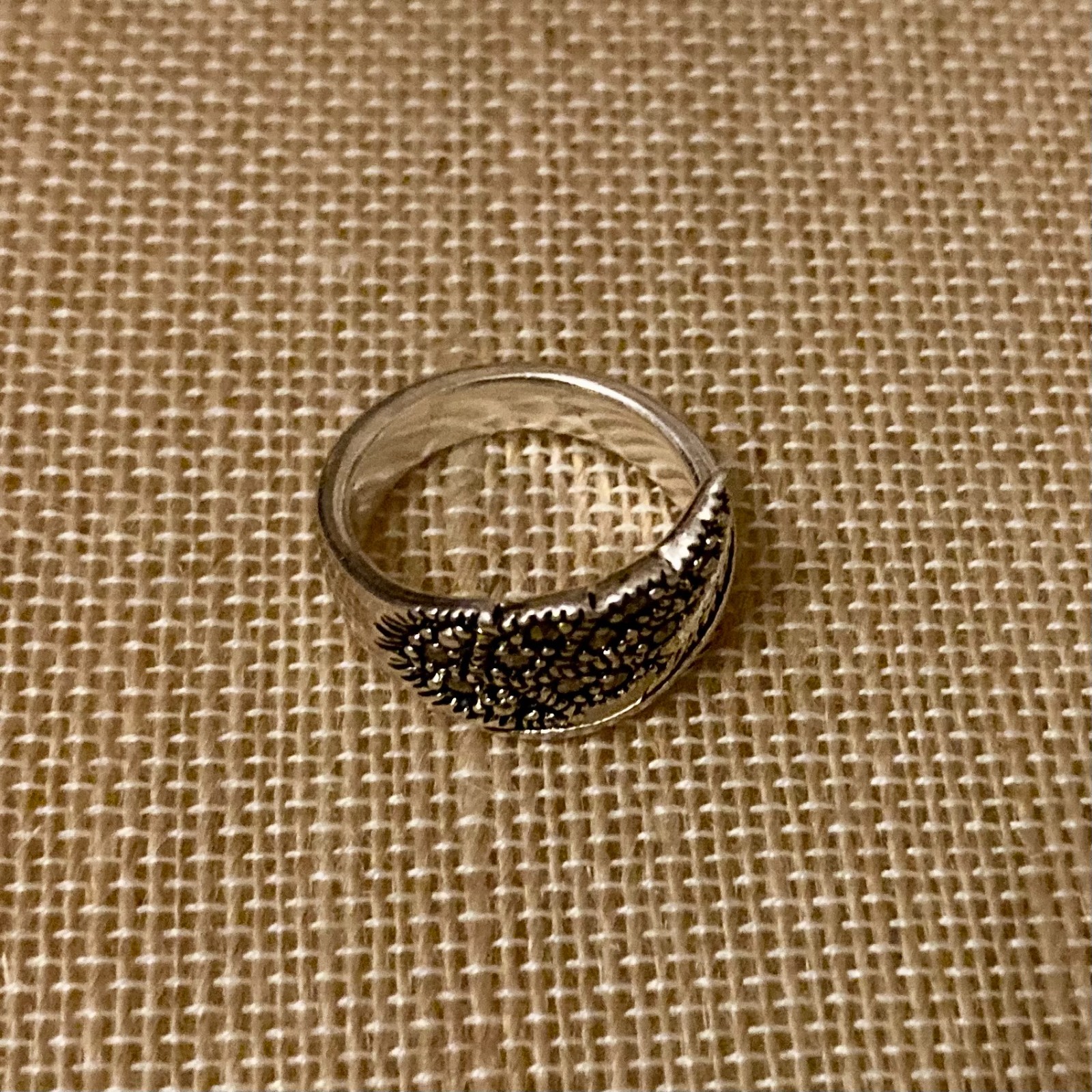 Vintage Silver Tone Marcasite Ring Leaf Feather Signed CW Size 6.5