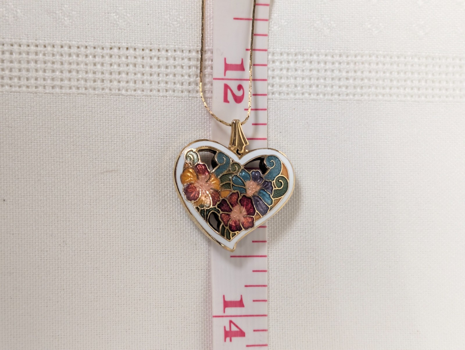 Vintage Cloisonne Puffy Two Sided Heart Floral Pendant Gold Toned Chain Necklace