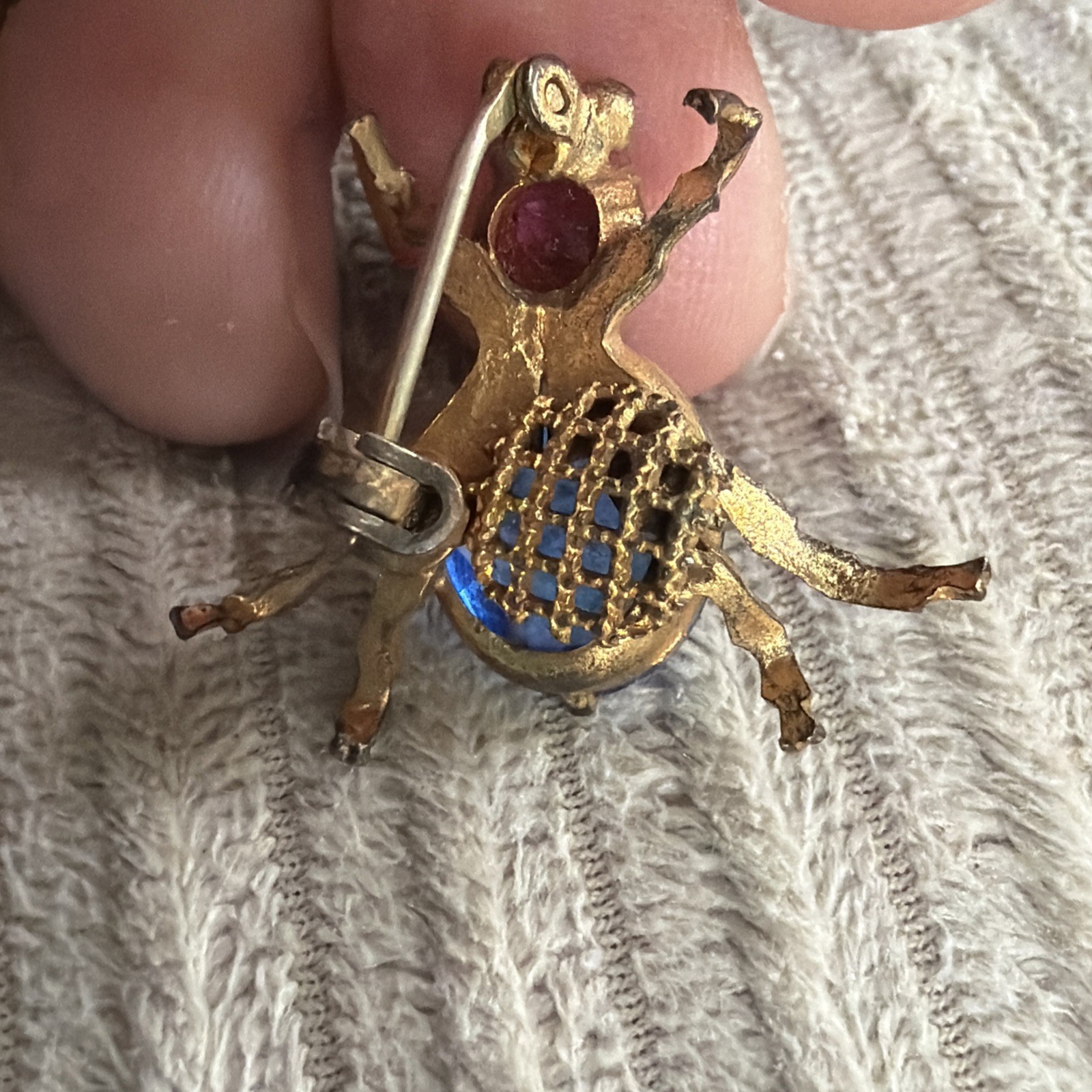 Antique Bug Insect Fly Brooch Pin Cobalt Blue Purple Rhinestones Brass Tones