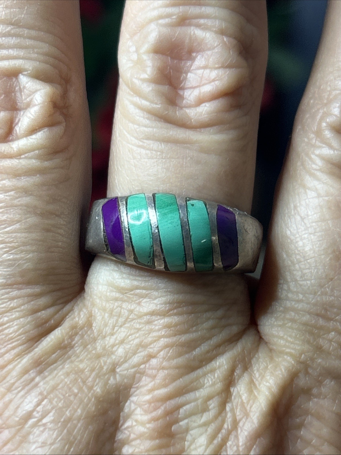 50. Vintage TAXCO Sterling 925 Green Purple Stone Inlay Ring 8.25s, 10.8g, Mex