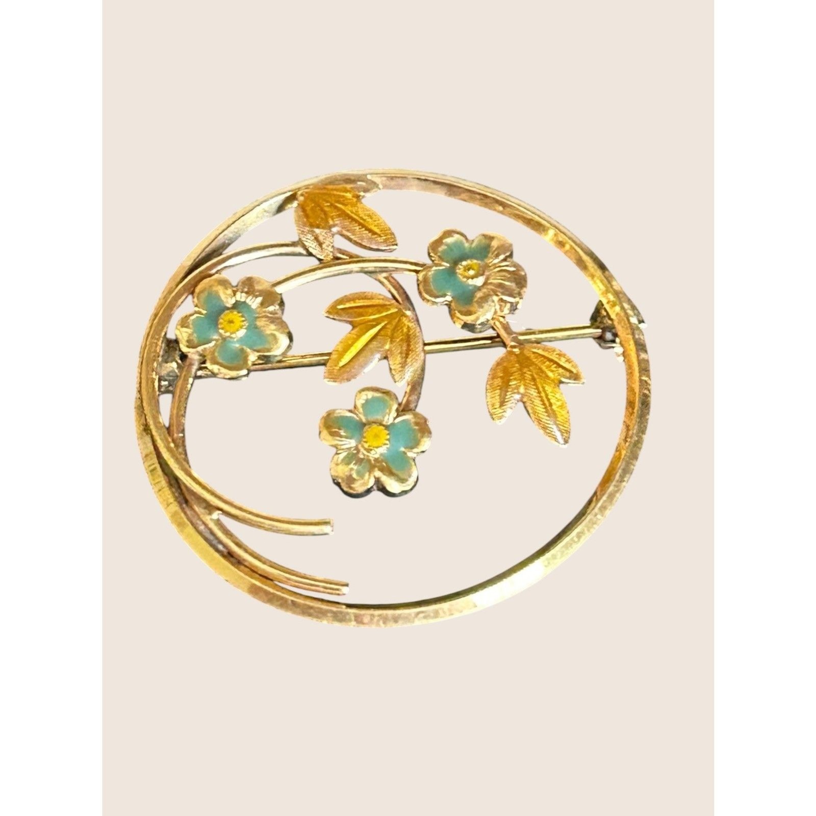 💐 VTG VAN DELL VD 12K GF CIRCLE BROOCH PIN FLOWER FLORAL ENAMEL RETRO DELICATE