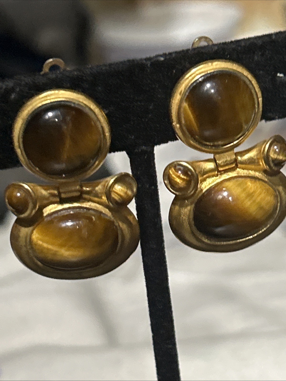 JADED Jewels 22k Gold Plated Beautiful Door Knocker Tiger Eye Clip On Earrings