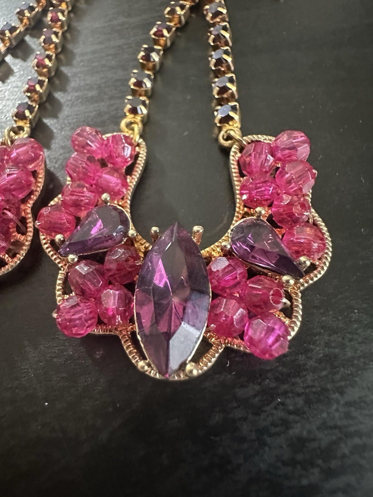 Nice Vintage Gold Tone Pink Purple Deep Red Rhinestone Dangle Hook Earrings
