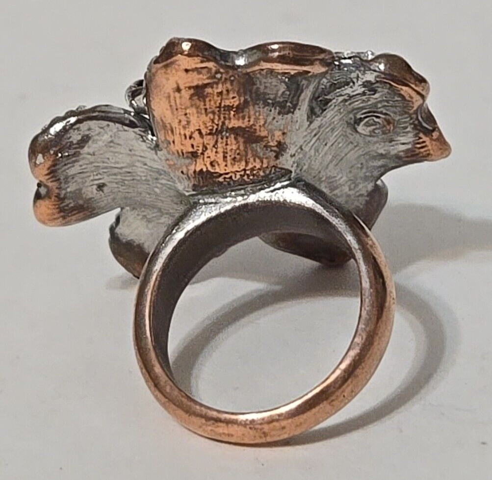 RA Robert Allison Black Enamel Faux Pearl Rhinestone Copper Pewter Ring