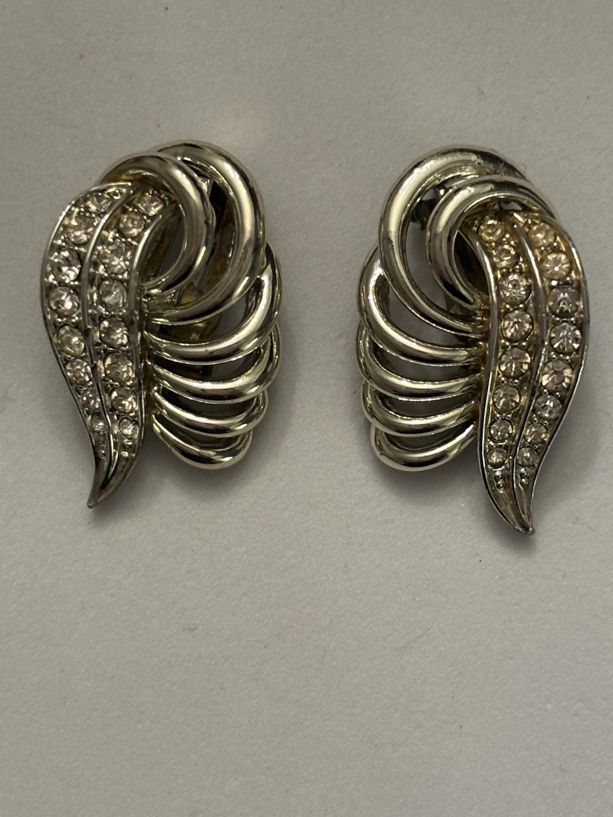 Vintage Signed Marboux Rhinestone Clip On Earrings Silver Tone Swirl Ribbon