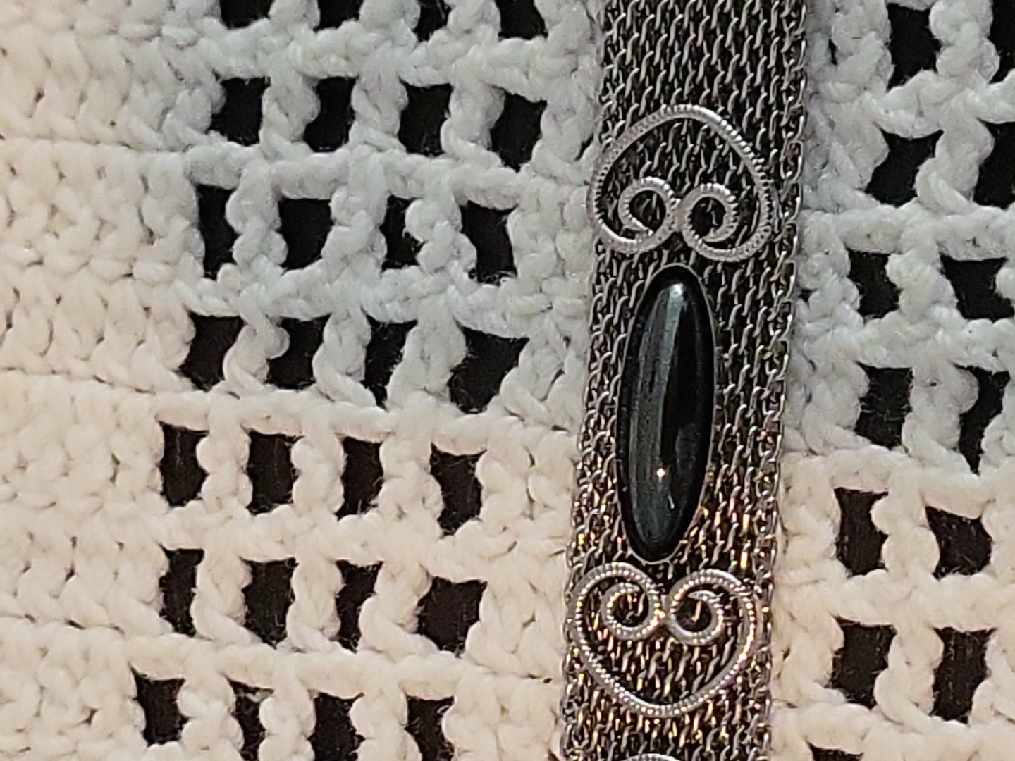 Vtg Silver Tone Mesh Chain Belt Bracelet Dark Gray Accent Adjustable 1960s