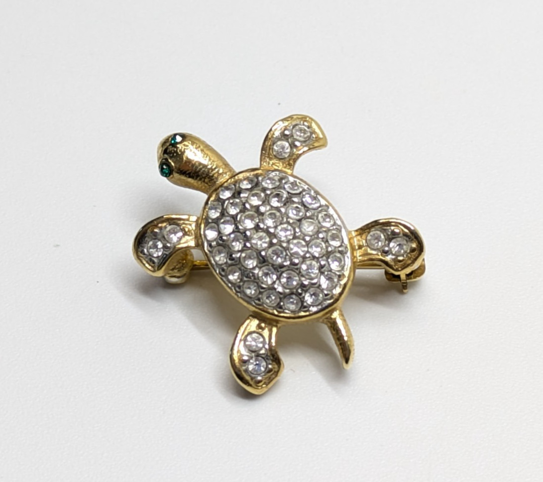 VTG Joan Rivers Pave Rhinestone Shell Gold Tone Baby Turtle Brooch Pin 1″