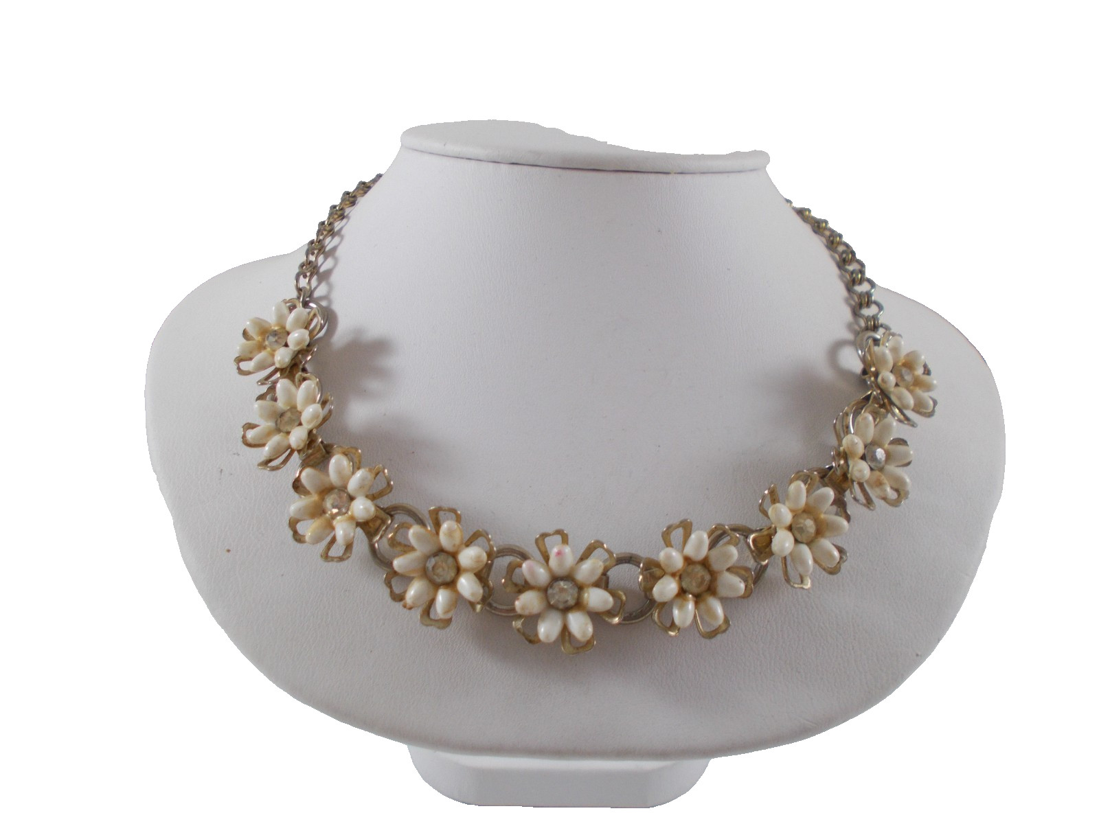 Vintage White Flower Link Choker Necklace with Rhinestones Needs TLC Free Ship