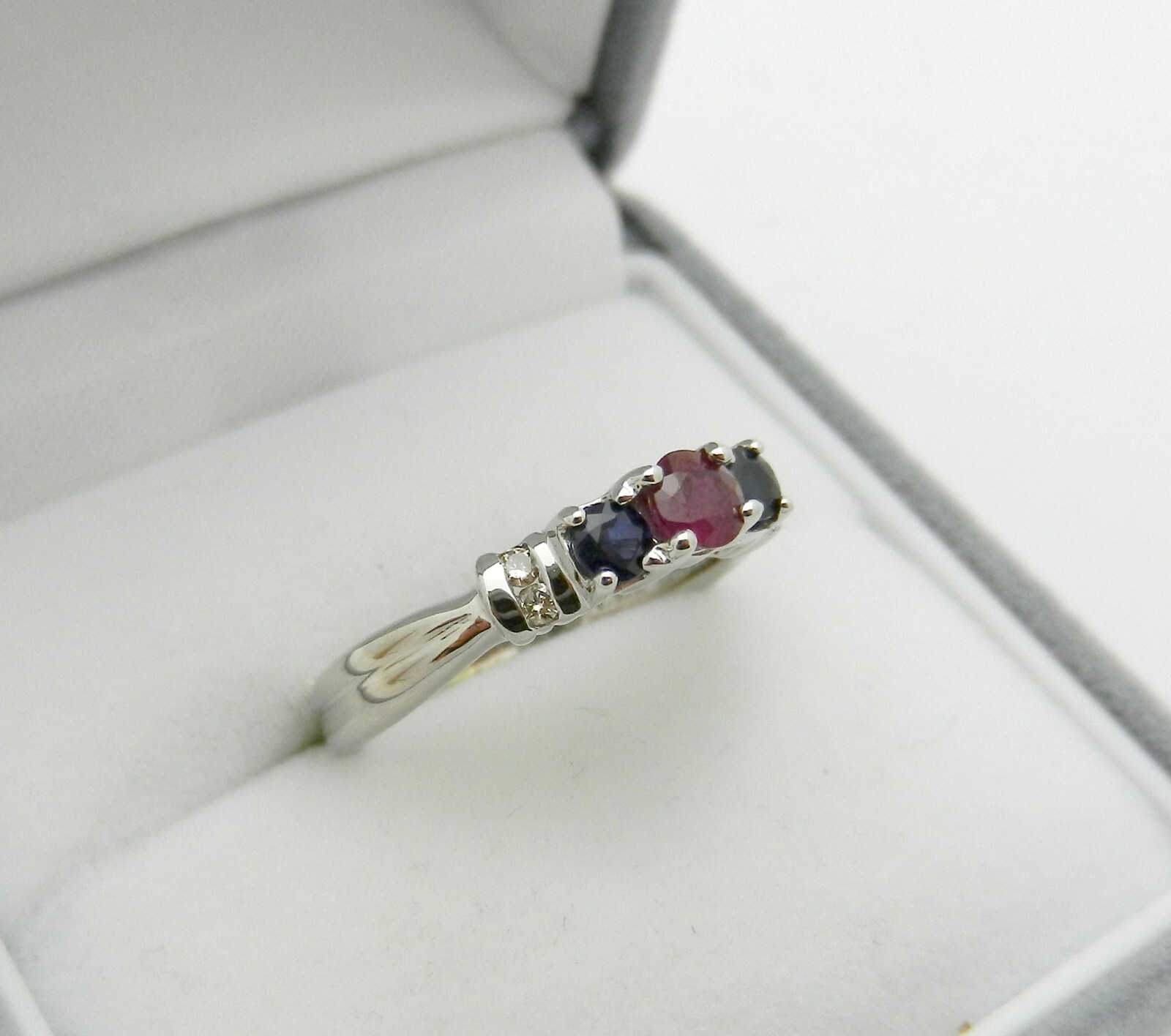 3-Stone Ruby, Sapphire Ring Band with Diamond Accents, Solid 14k Gold, size 6.25