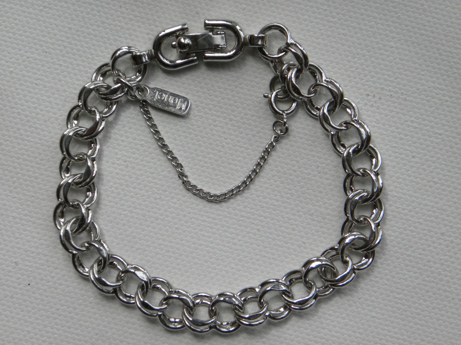 MONET Starter Charm Bracelet Double Link Silver Tone 7 1/8 Inch Safety Chain Vtg