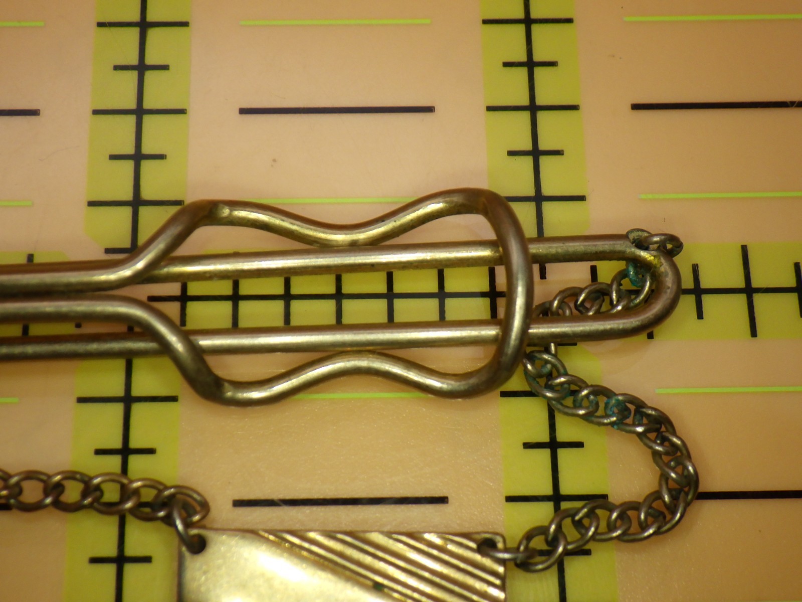 Vintage Hadley Tie Bar with Chain and Deco Striped Fob Gold Tone Mid Century USA