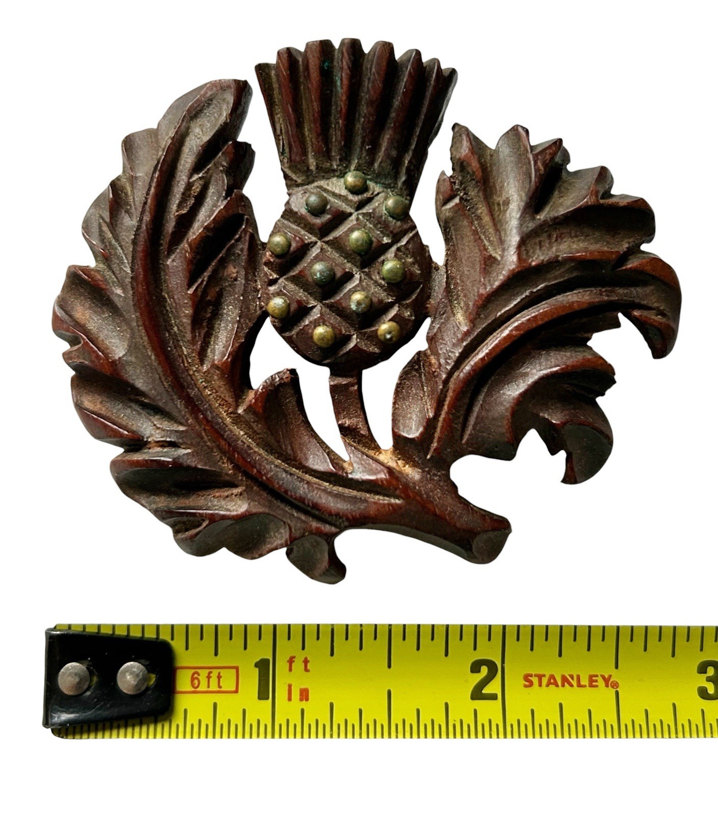 Vintage Hand Carved Wood Brass Scottish Thistle Flower Brooch Botanical Leaves