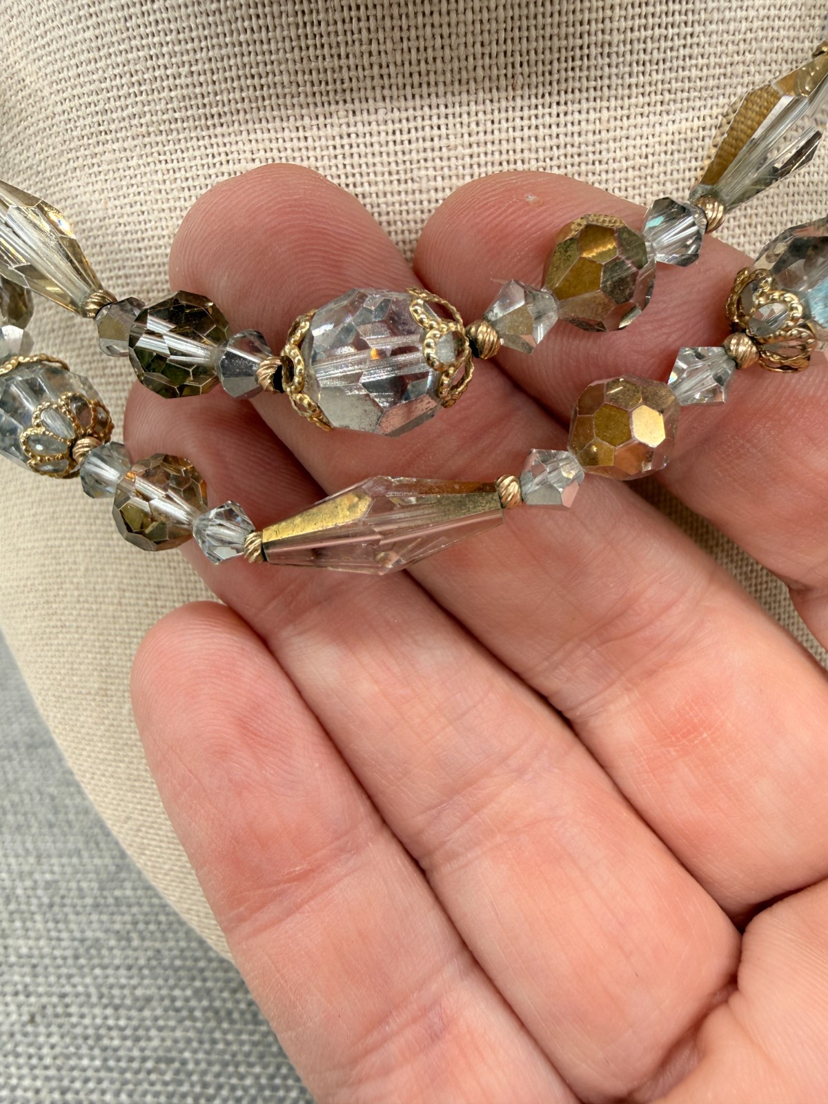 Vintage Necklace Faceted Crystal Gray Beads Gold Tone Accents Adjustable Length