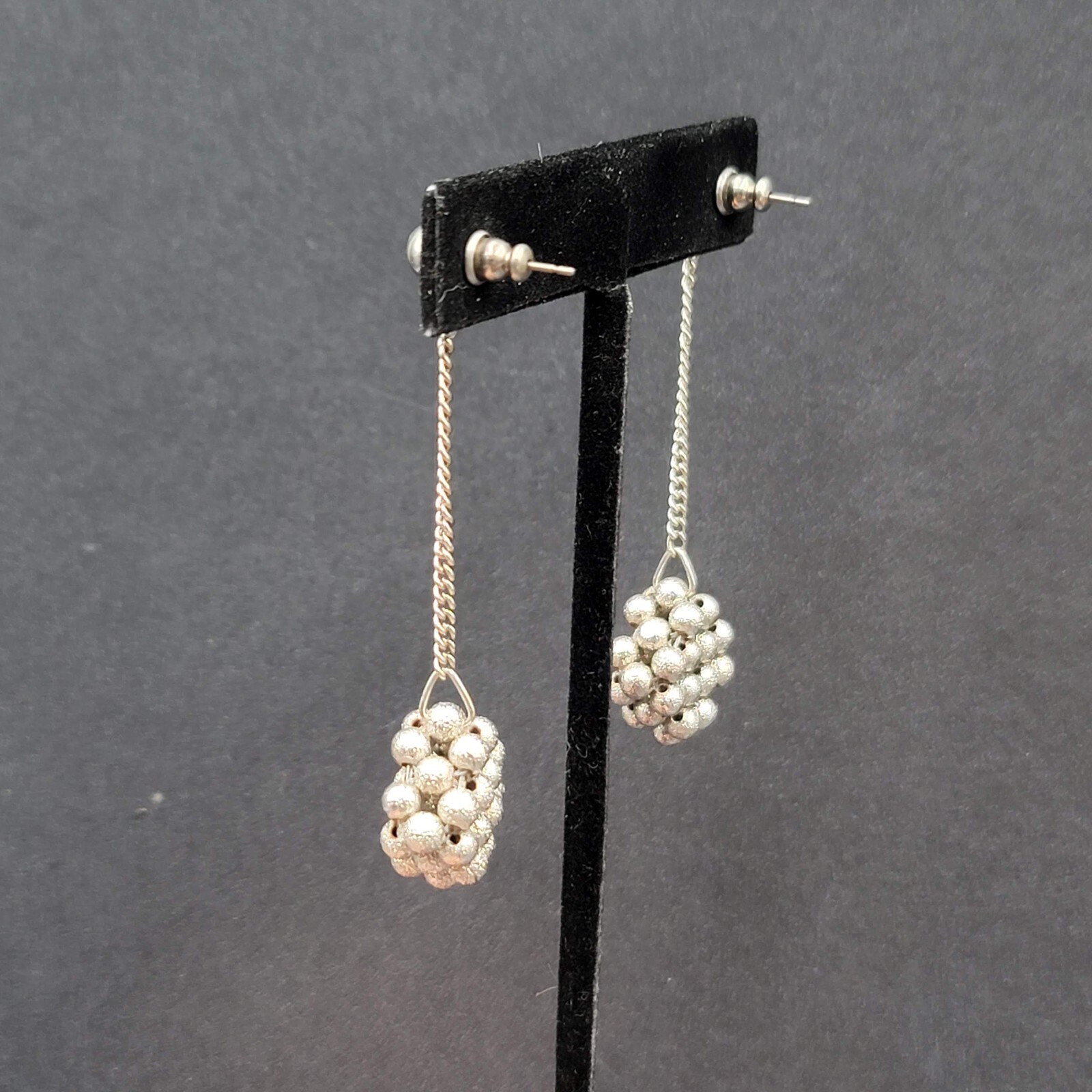 Vintage Pierced Earrings Silver tone Bead Cluster Dangle Unique 2.5″