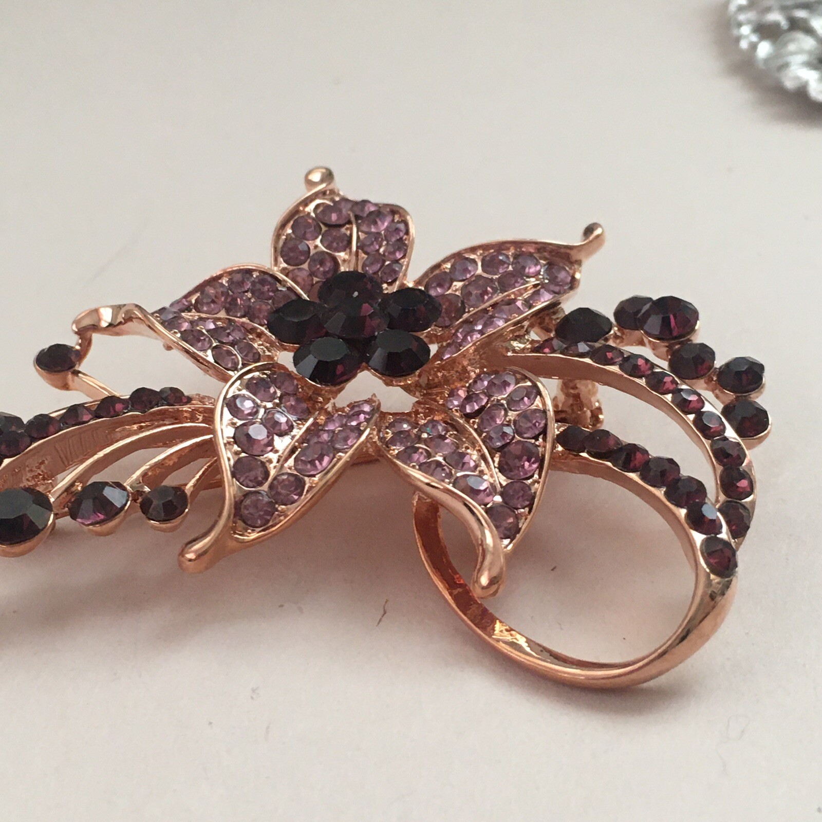Vintage Brooch Flower Rhinestones Gold Pin Nature Floral Purple Plants Beautiful