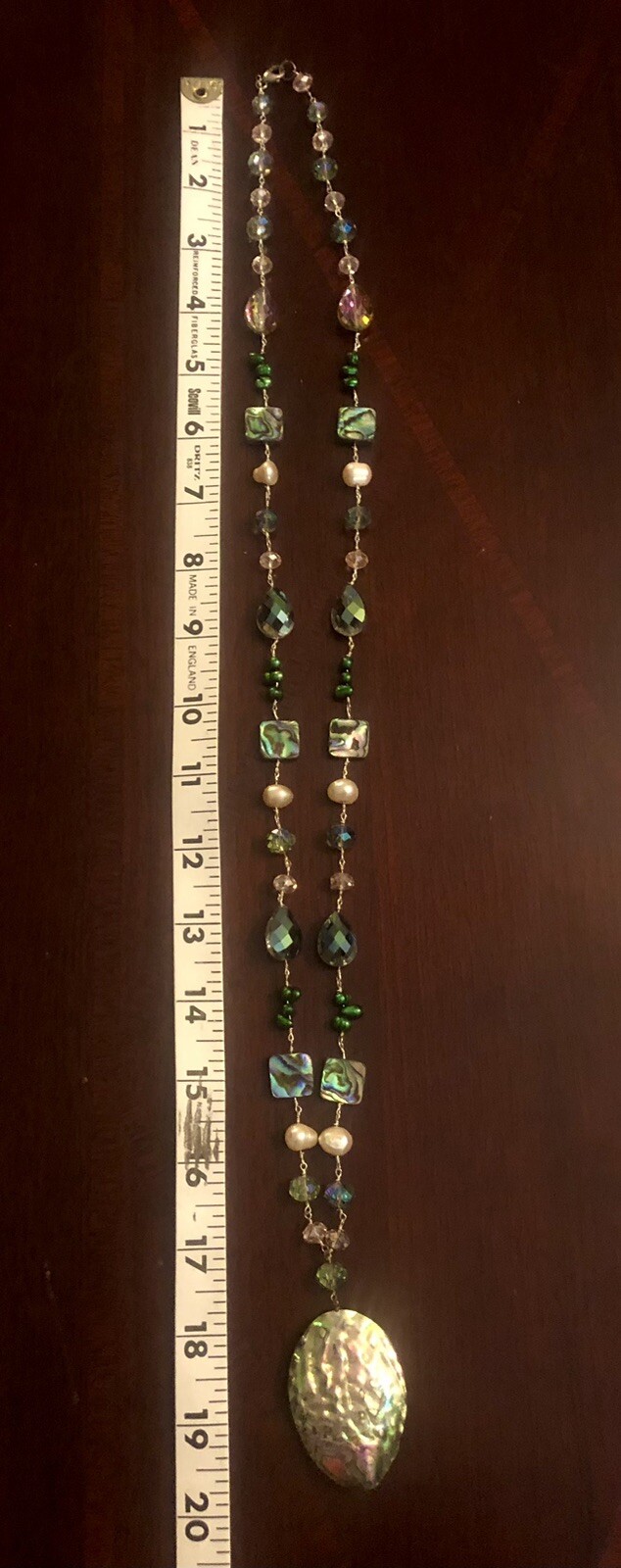 Vtg Blue Green Abalone Paua Shell & Crystal Beaded Pearl Pendant Necklace 925