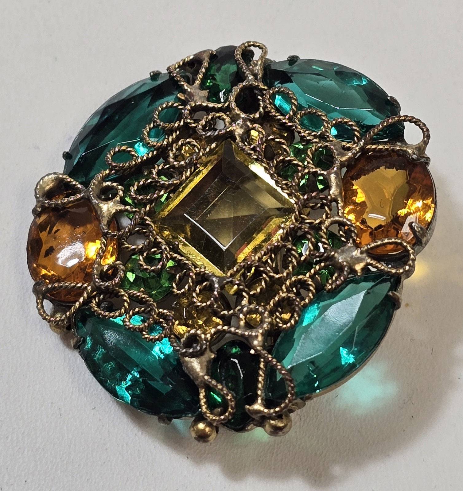 Vintage Fashioncraft Robert Brass Filigree Green Yellow Rhinestone Brooch
