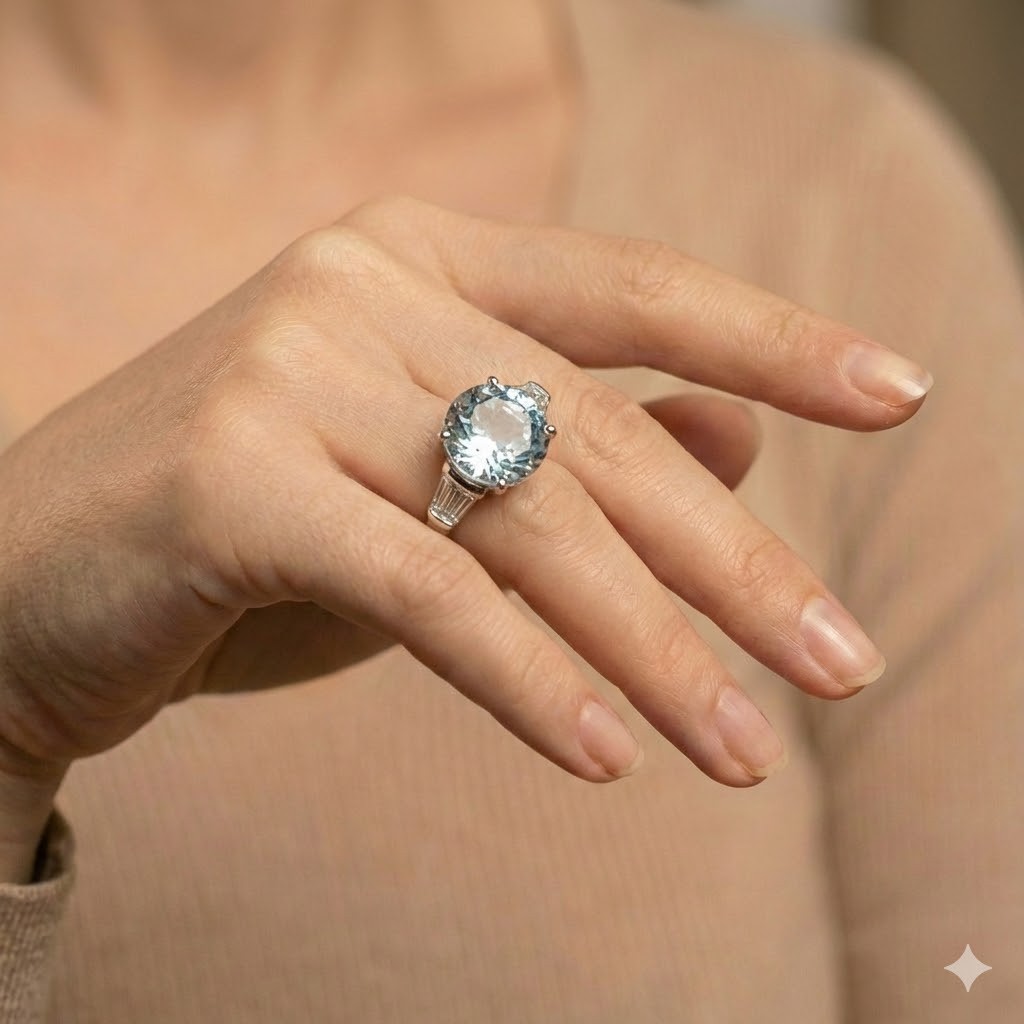 Vintage Platinum Engagement Ring 6.67ct. Natural Sky Blue Aquamarine Round Cut