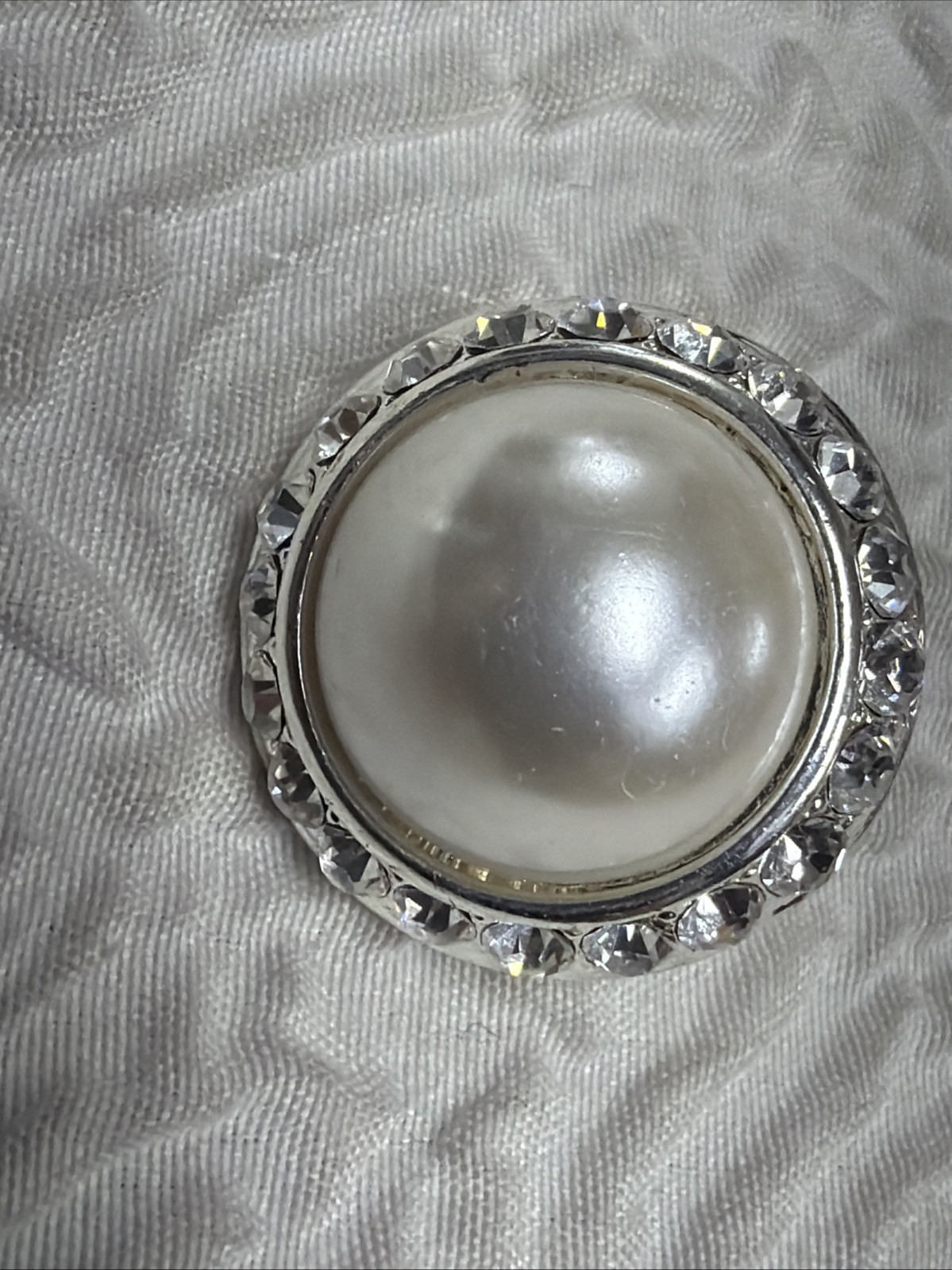 Vintage Large Dome Faux-Pearl Cabochon Encircled by a Halo of Clear Rhinestones