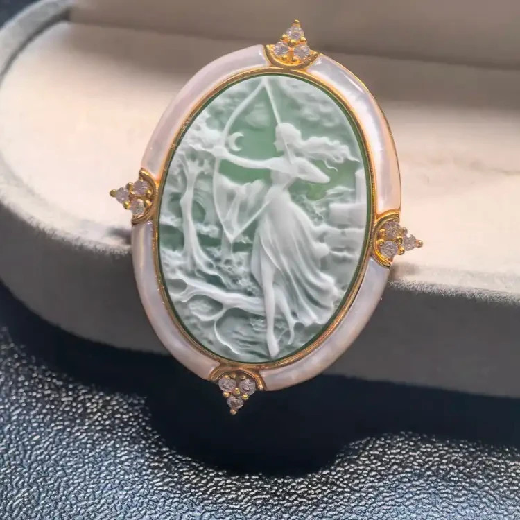 925 silver green Athena Agate cameo brooch pendant vintage estate jewelry