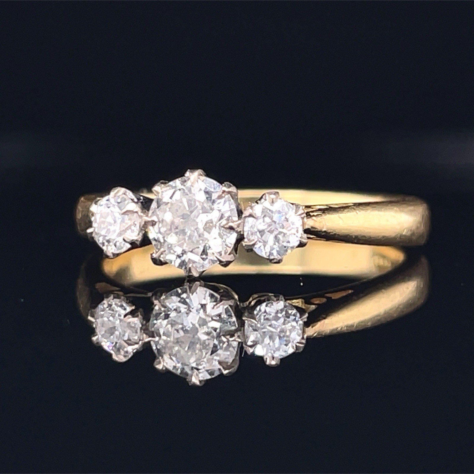 Vintage 3 Stone Old European Cut Diamond Ring 18K Gold English