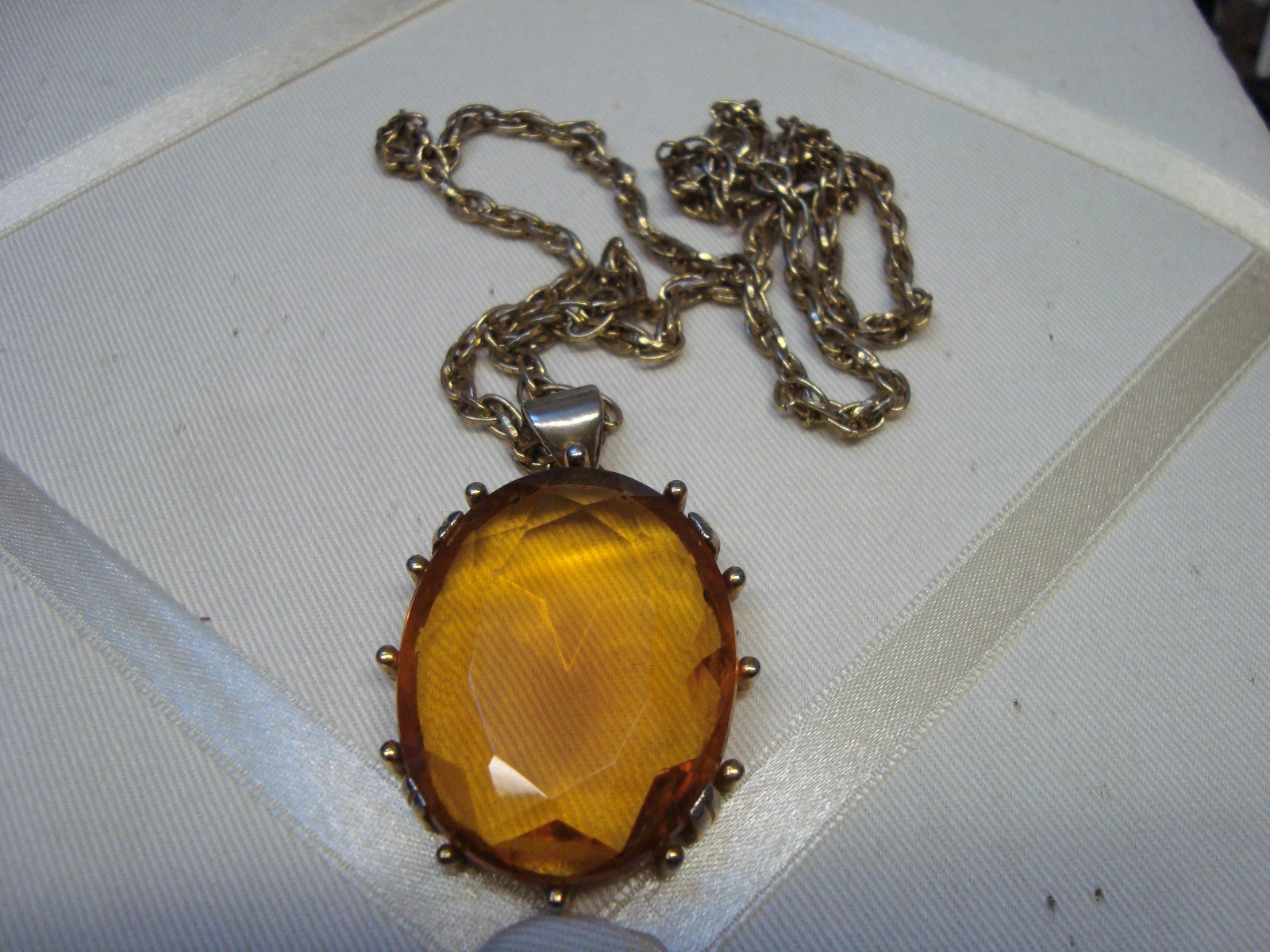 ANTIQUE CUSHION CUT CZECH GLASS PENDANT & CHAIN – FACETED TRANSPARENT TOPAZ