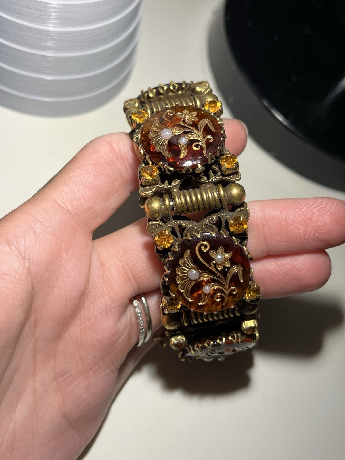 Vintage Chunky Brass Amber & Pearl Lucite Panel Bracelet Size 6.25