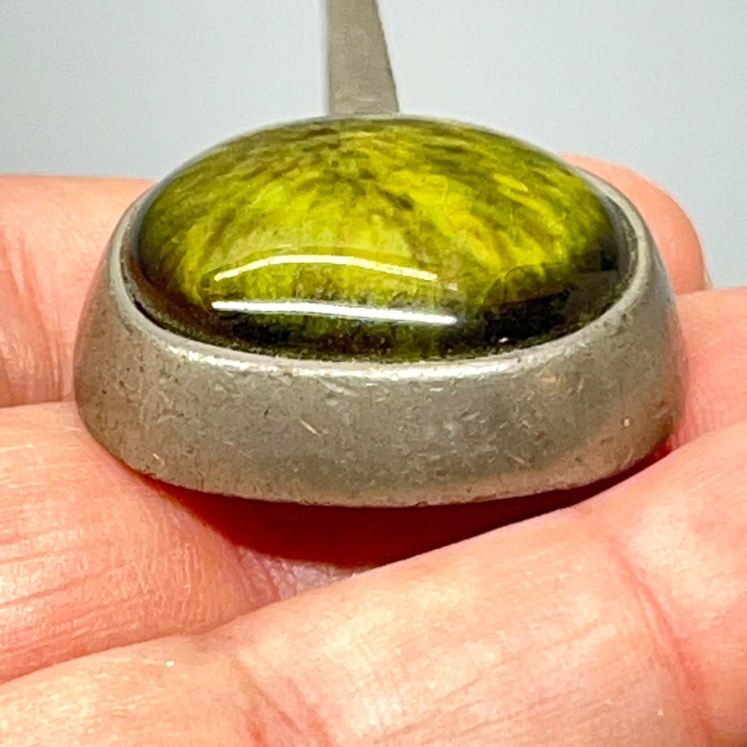Signed Roland Landerholm Tenn Vintage Modernist MCM Pewter Green Ceramic Pendant