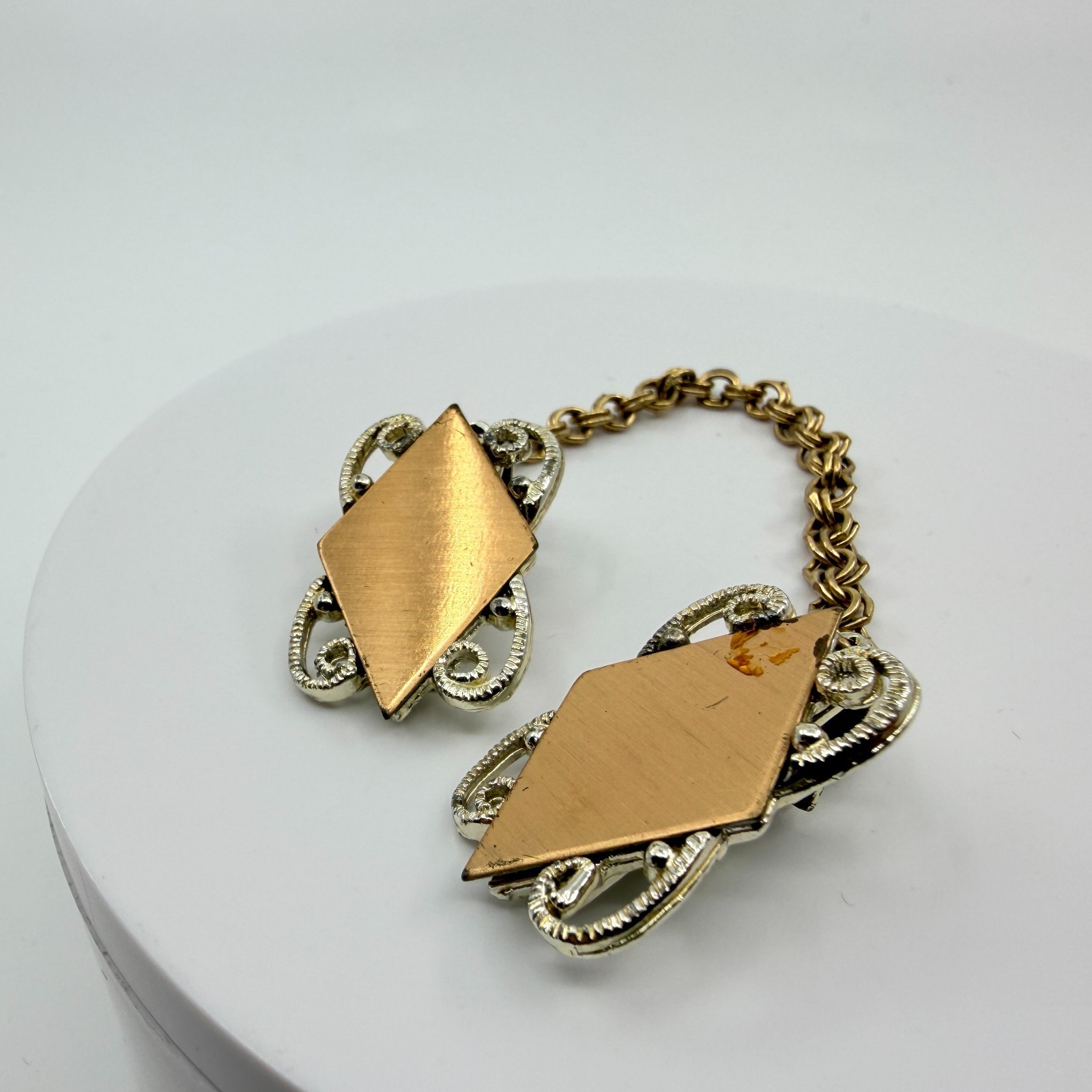 Vintage Mid-Century Two Tone Geometric Lozenge Sweater Guard Cardigan Clip Chain